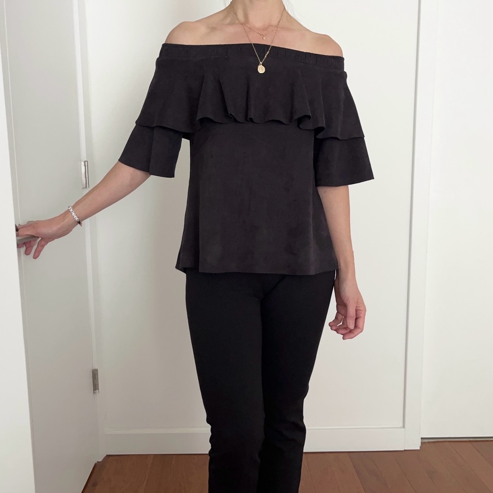David Lerner Off the Shoulder Top Blouse XS Black Faux Suede Ruffled Whimsigoth